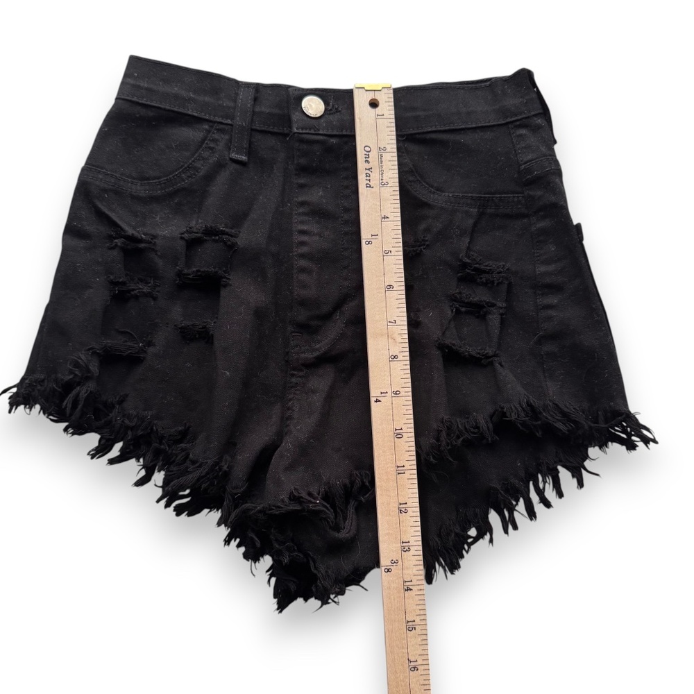 APHRODITE Black Distressed Frayed Hem Denim Shorts Size M Made in USA - Picture 6 of 6